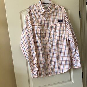 Columbia Men’s White Plaid Button-Down Shirt with Orange & Blue Accents
